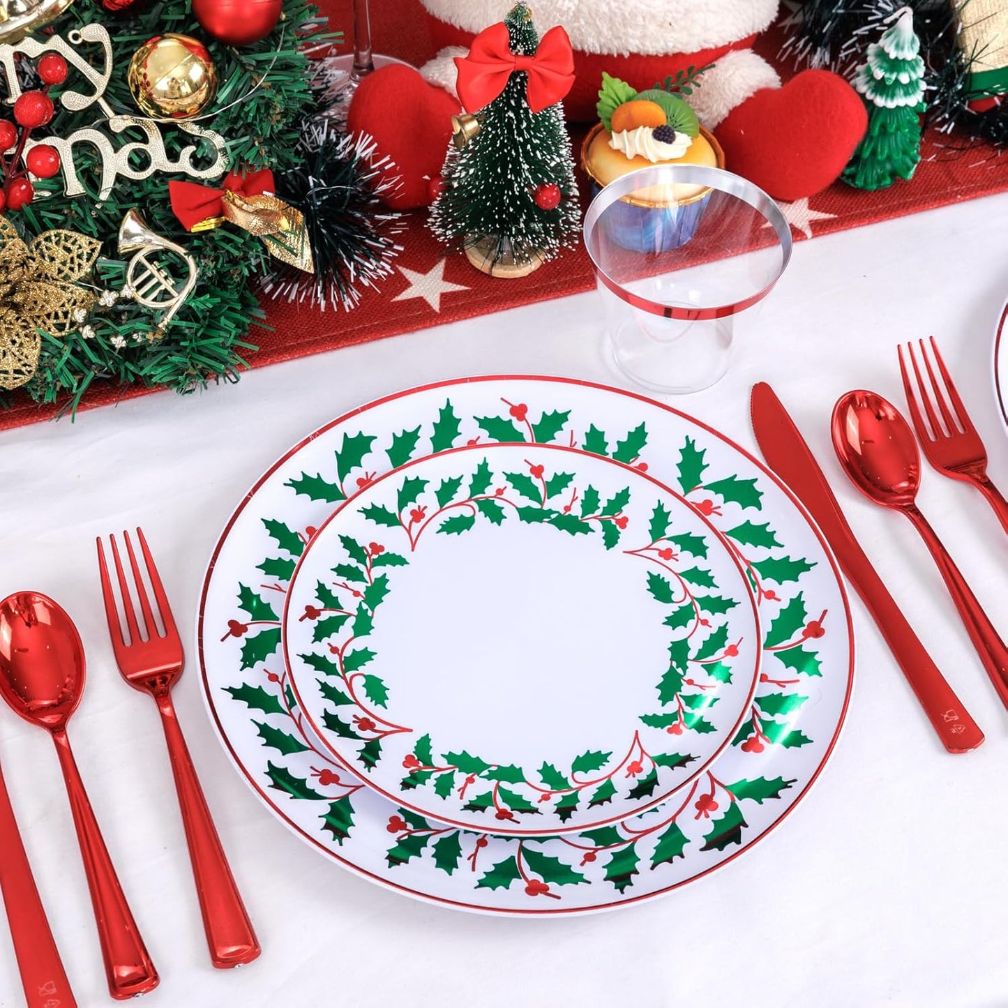 KIRE 150PCS Christmas Plates Disposable - Christmas Plates Dinnerware - White Plastic Plates With Berry And Leaves Design, Red Plastic Silverware And Cups With Red Rim For Christmas Party Supplies