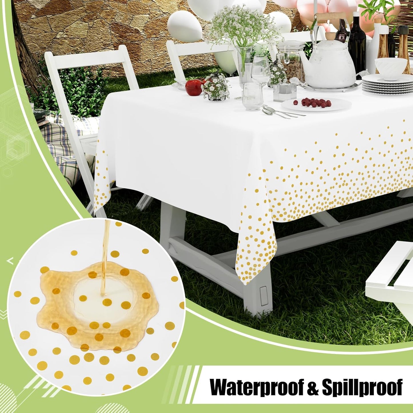Smiry 54 Inch x 300 Feet Disposable Table Cover Roll, White & Gold Plastic Table Cloth in Cut-to-Size Box with Slide Cutter, Waterproof Rectangle Tablecloths for Weddings, Banquets, Outdoor