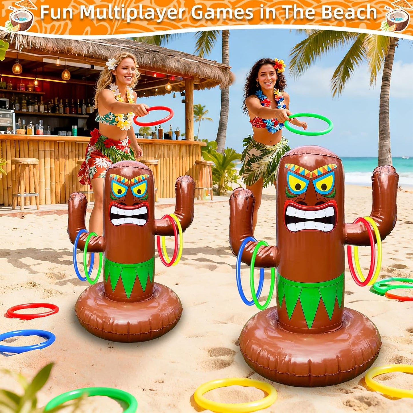 25" Inflatable Luau Tiki Pool Toss Games, Tiki Pool Ring Toss Toys with 4 Rings for Adults Indoor Outdoor Tropical Summer Swimming Inflatable Bean Bags Toss Hawaiian Luau Party Supplies