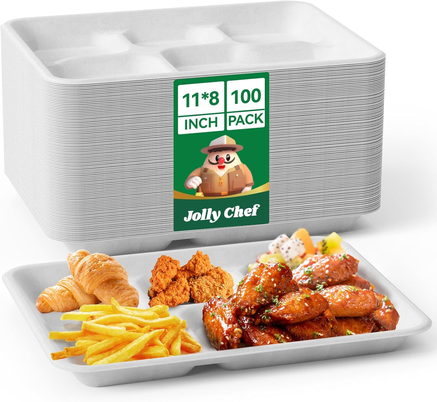 JOLLY CHEF Compostable 𝟱 Compartment Paper Plates 𝟭𝟭 * 𝟴 𝗶𝗻𝗰𝗵 [𝟭𝟬𝟬 𝗣𝗮𝗰𝗸] Heavy Duty White Divided Disposable Plate Eco-Friendly Biodegradable Food Tray for Party Lunch Thanksgiving Day