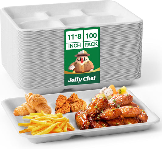 JOLLY CHEF Compostable 𝟱 Compartment Paper Plates 𝟭𝟭 * 𝟴 𝗶𝗻𝗰𝗵 [𝟭𝟬𝟬 𝗣𝗮𝗰𝗸] Heavy Duty White Divided Disposable Plate Eco-Friendly Biodegradable Food Tray for Party Lunch Thanksgiving Day