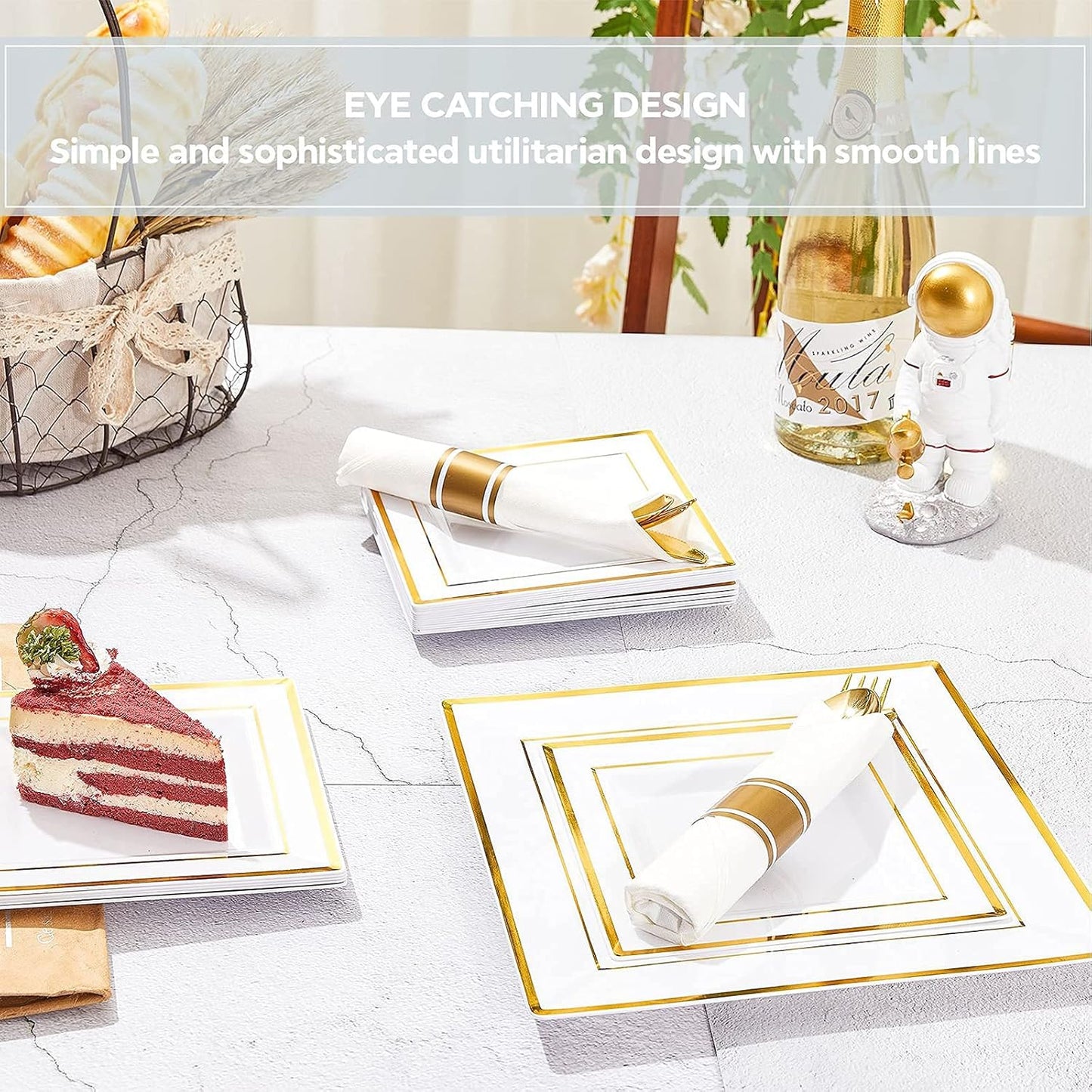 Square Plastic Plates&Silverware w/Per-Rolled Napkin Set,Parties Plastic Dinnerware incl Dinner Plates,Salad Plate,Napkins,Disposable Cutlery, 20Guests