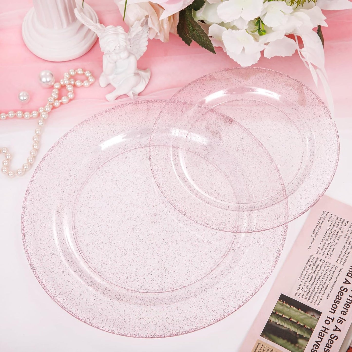 WDF 120pcs Pink Plastic Plates Disposable - Clear Pink Glitter Plates for Valentine's Day/Wedding including 60PCS Dinner Plates 10.25inch and 60PCS Salad Plates 7.5inch for Wedding/Party