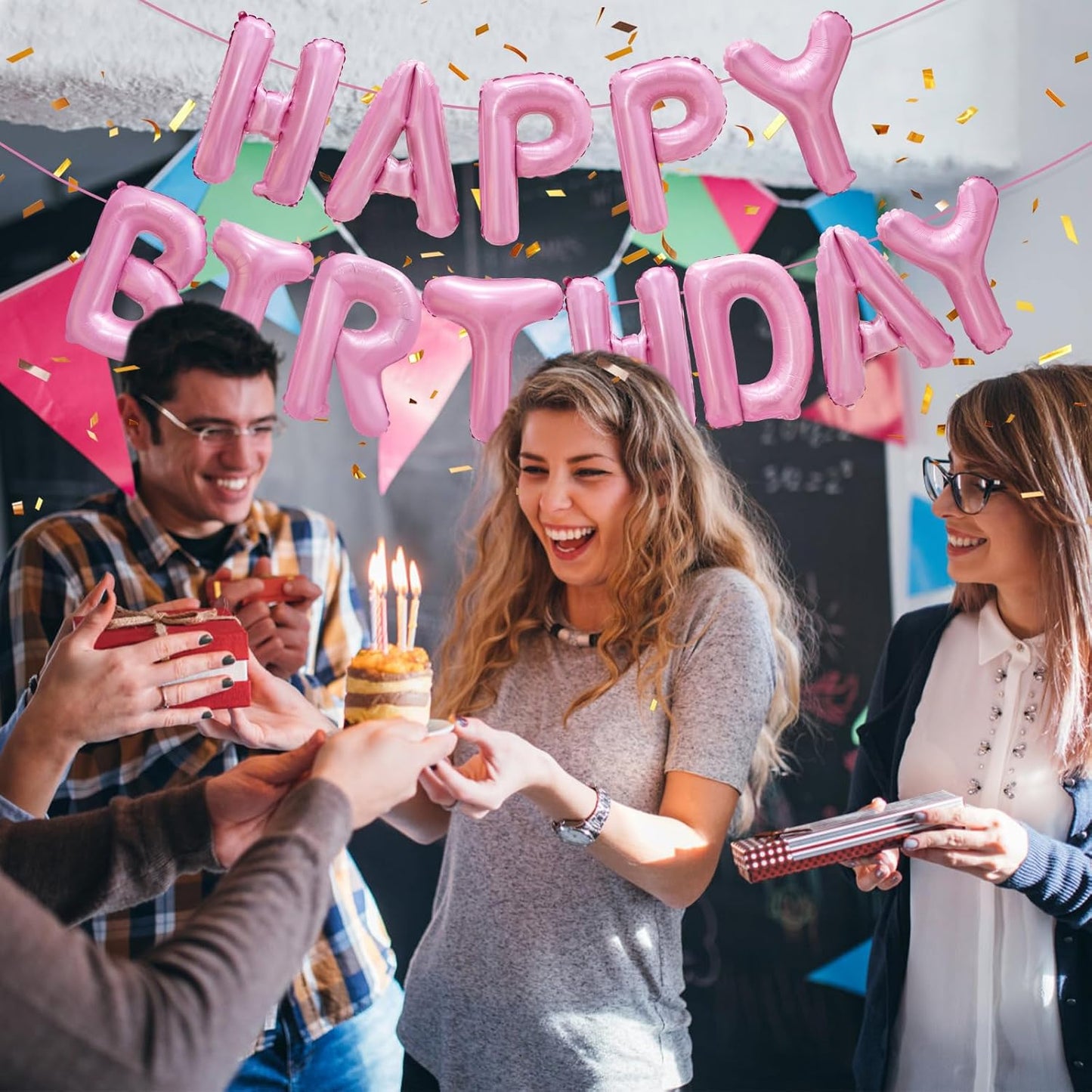 Pink Happy Birthday Balloon Banner Decorations 16 inch for Women Girls Party