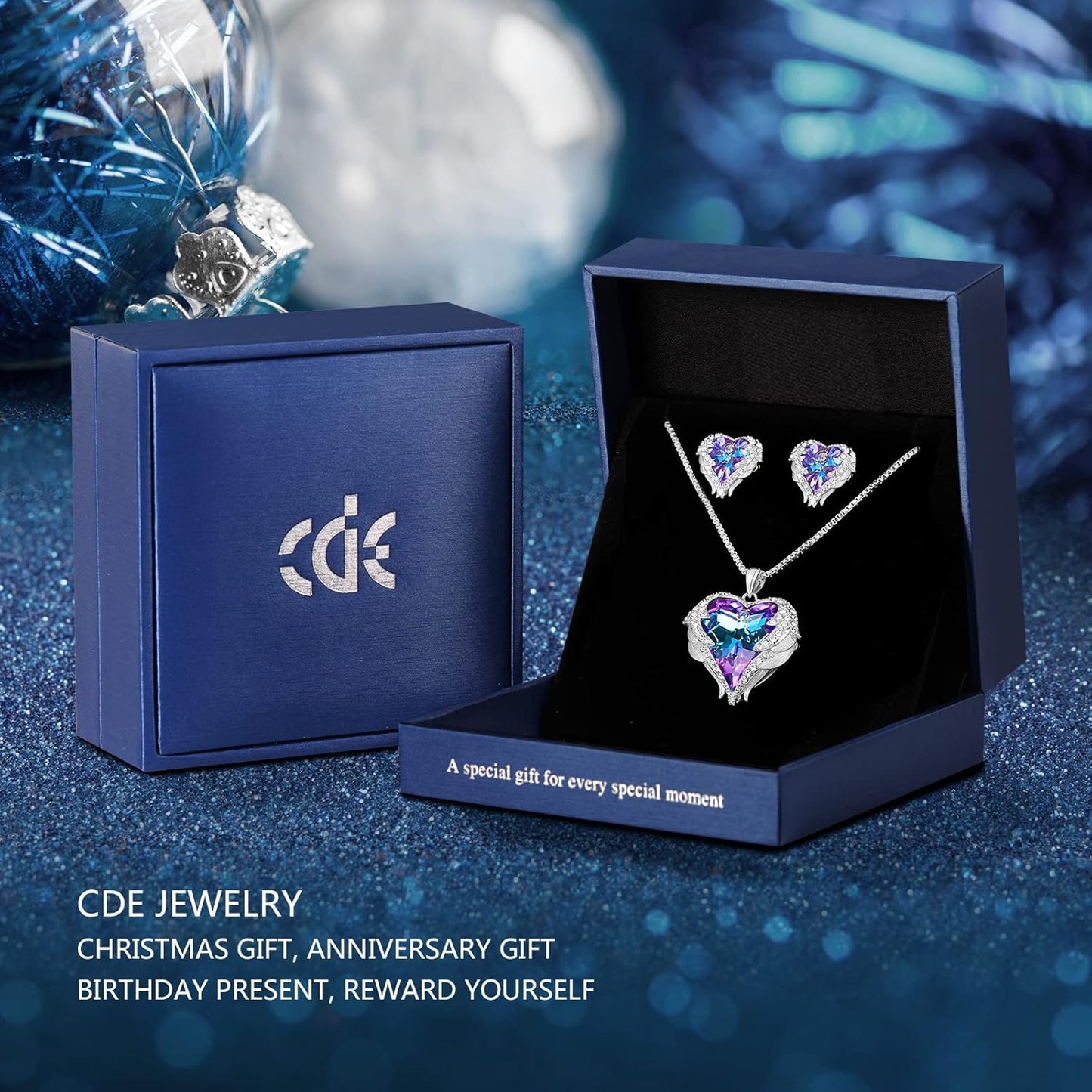 CDE Mothers Day Jewelry Set for Women, Angle Wing Heart Pendant Necklaces and Earrings with Birthstone， Birthday/Anniversary Christmas Jewelry Gift for Women Wife Her