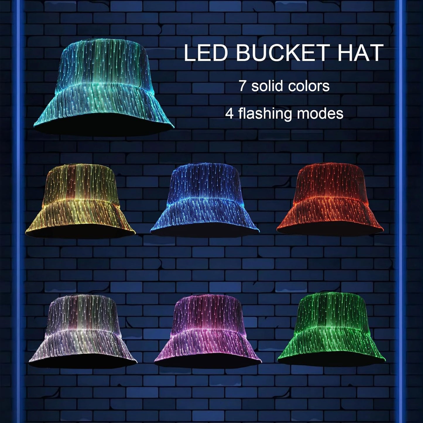 LED Rave Bucket Hat Light up Fisherman Cap 7 Colors Glow in the Dark Party Hats USB Rechargeable EDM Festival Gear