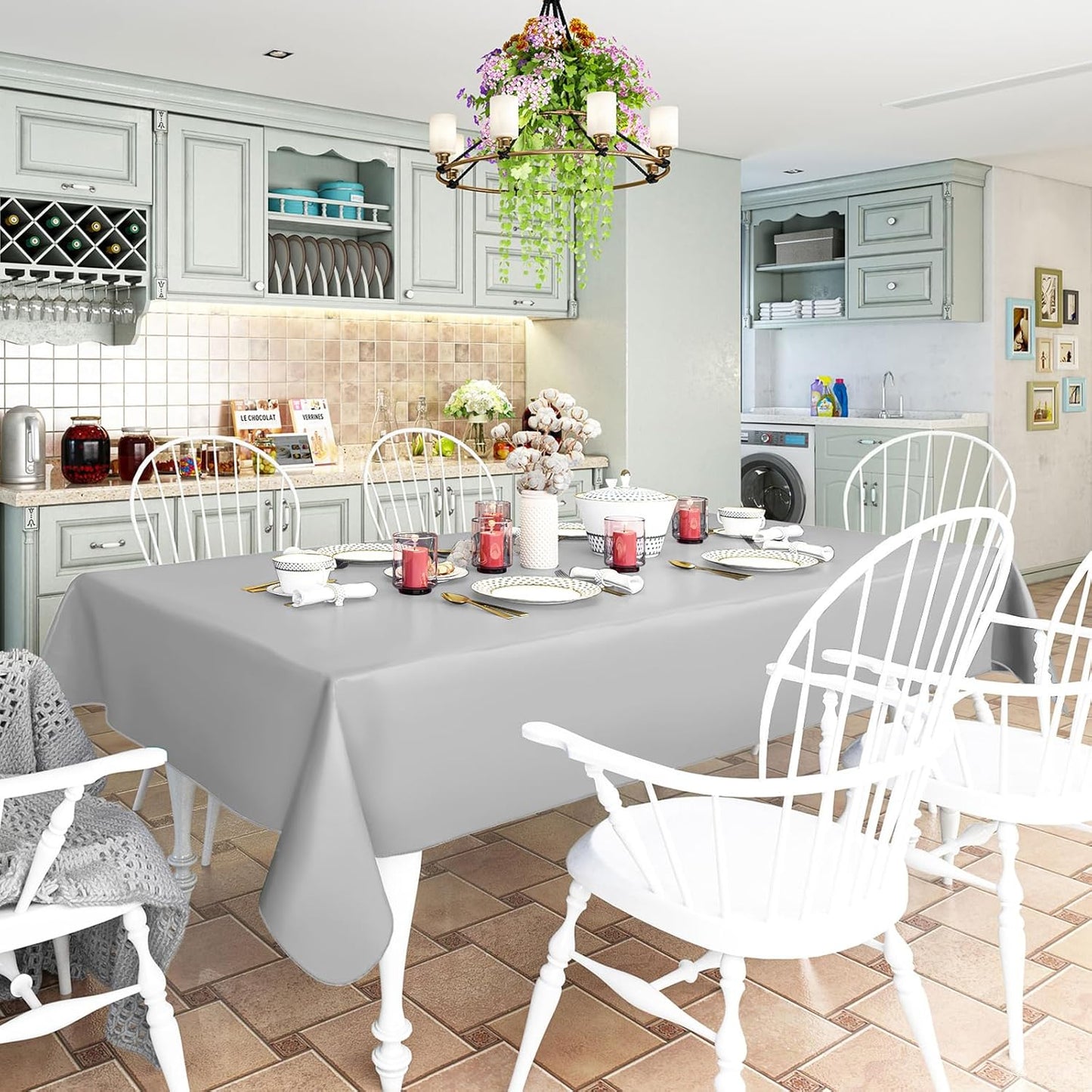 homing Rectangle Vinyl Tablecloth, Waterproof Spillproof Plastic Flannel Backed Table Cloth, Wipe Clean Table Cover for Dining, Buffet Parties and Camping (Light Grey, 60" x 102")