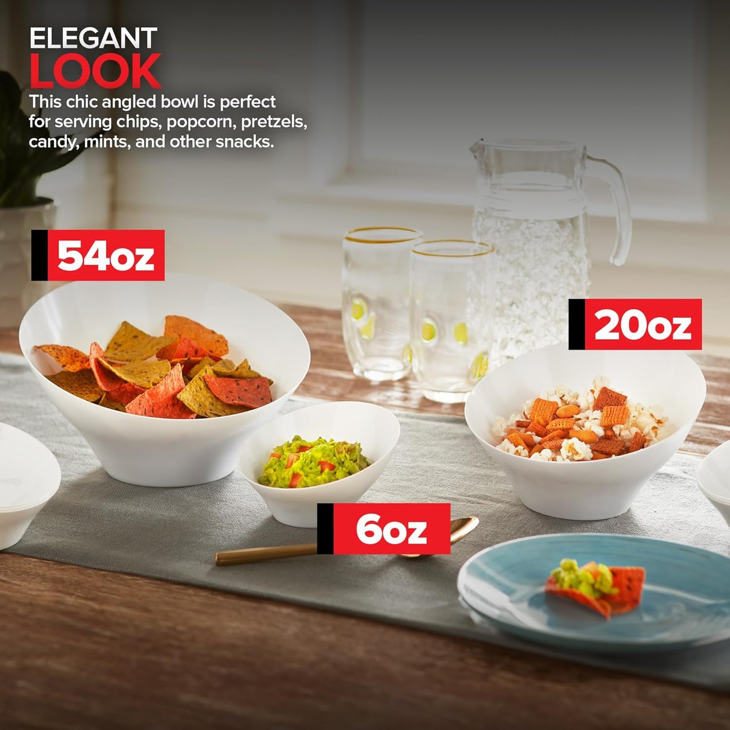 54oz White Plastic Serving Bowls (4 Pack) Large Disposable Snack Bowl Candy Dishes, Buffet Containers, Chips, Popcorn, Snacks, Punch, Salad Bar, Parties, Office Desk, Bridal Shower, Party Supplies