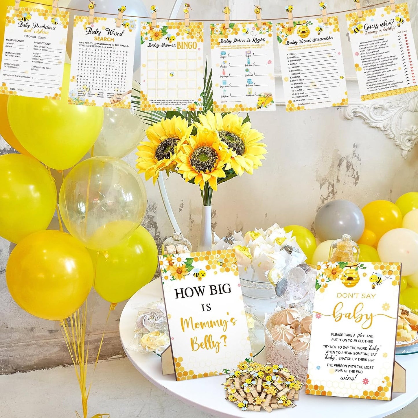 426 Pcs Bee Baby Shower Games Set-8 Games, Includes Baby Shower Bingo, Price is Right, Guess Who, Word Scramble, Prediction and Advice, How Big is Mommy's Belly, Don't Say The Words