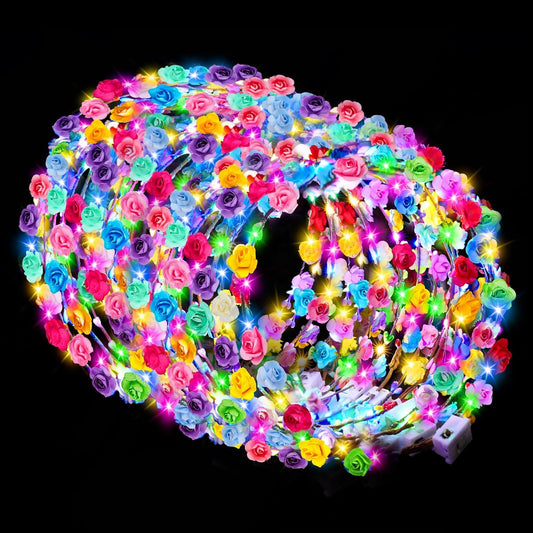 100 PCS LED Flower Crowns Headbands, Light Up Flower Crowns For Women, Glow in the Dark Headband for Wedding Reception Birthday Christmas Mardi Gras Cosplay Princess Party Favors