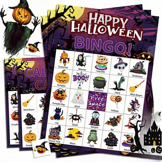 24 Halloween Bingo Game Cards for Kids Halloween Party Paper Bingo Cards Bulk,School Classroom Games,Halloween Party Bingo Supplies,Family Bingo Game Set Cards