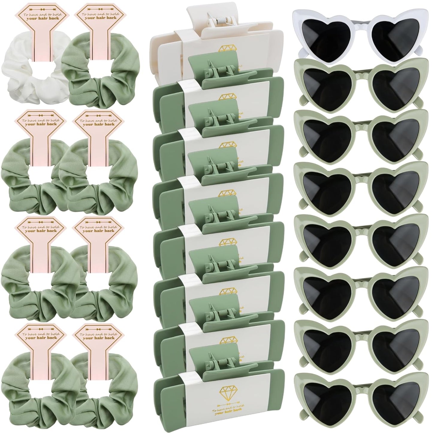 Bridesmaid Scrunchies Proposal Gifts 4.1inch square Hair Claws Bachelorette Hair Clip heart sunglasses Girls gift for Wedding Party Favors (White&Sage Green)