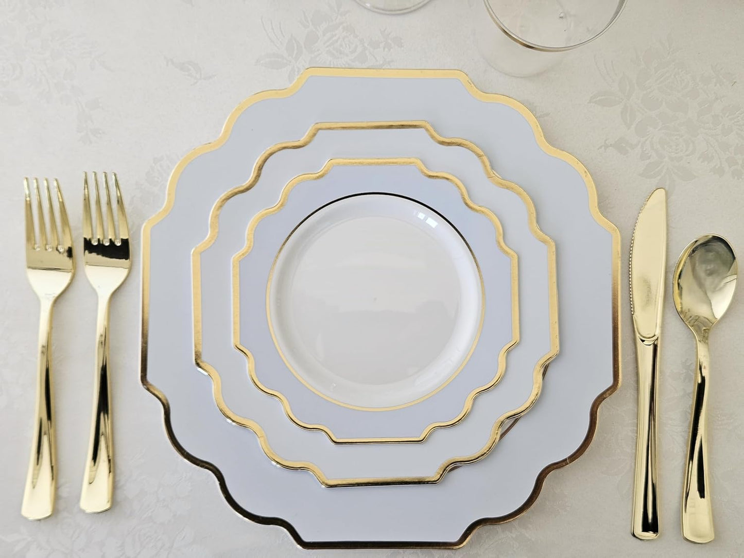 " OCCASIONS " 50 Plates Pack (25 Guests)-Heavyweight Wedding Party Disposable Plastic Plate Set -(25x10.5'' Dinner + 25x8'' Salad/dessert (Imperial in White/Blue & Gold)