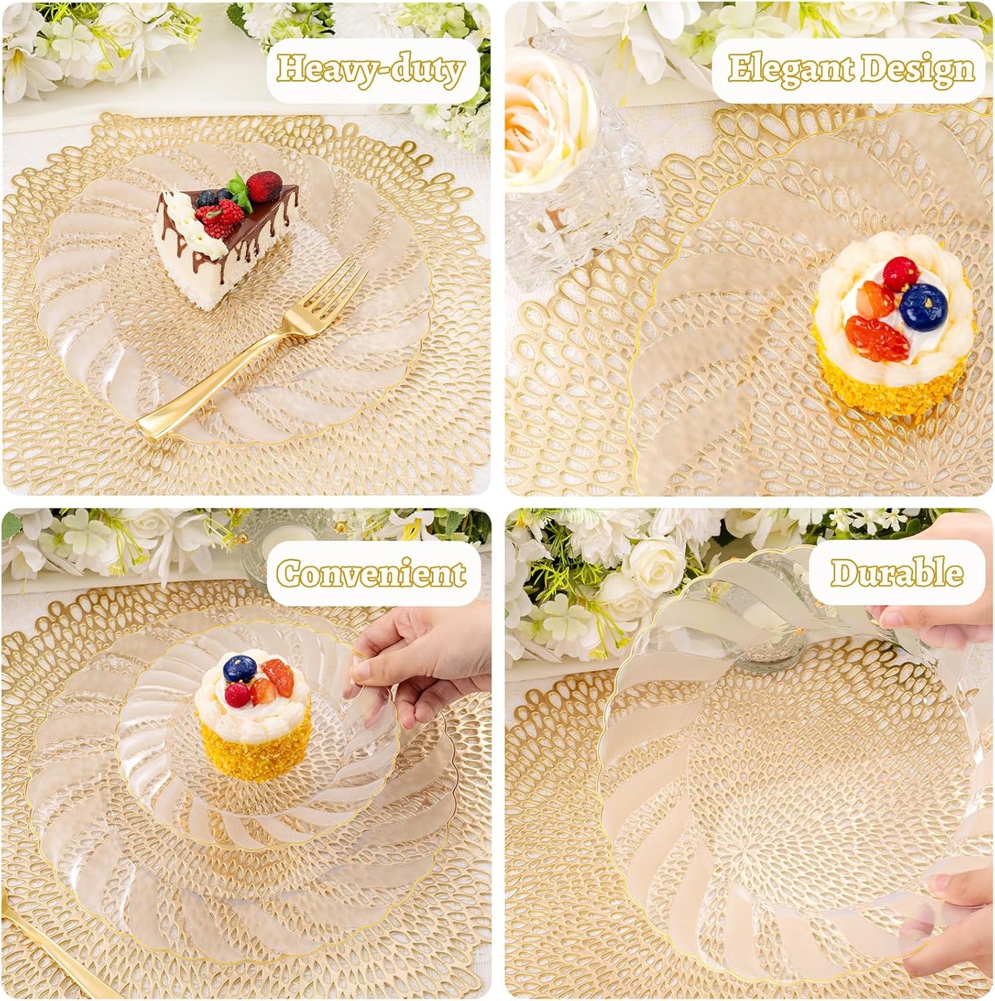 YOUBET 50 Pack Clear Scalloped Plastic Plates - 10.25 Inch Clear Gold Disposable Plates - High End Elegant Vintage Dinner Plate for Party & Weeding & Birthday & Thanksgiving