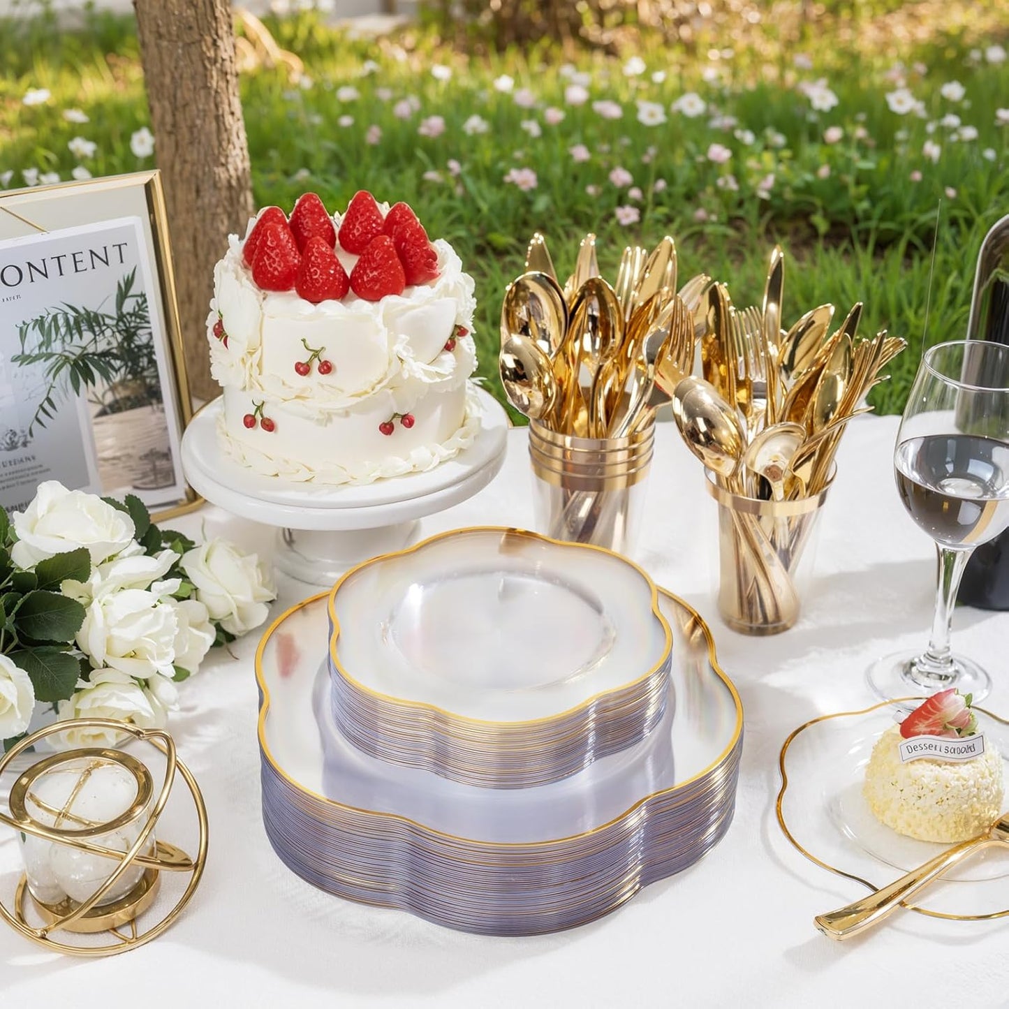 Liacere 100PCS Clear Plastic Plates - Clear and Gold Disposable Dinner Plates - 10inch Heavy Duty Gold Dinner Plates, Perfect for Wedding & Party & Holiday & Fall & Thanksgiving