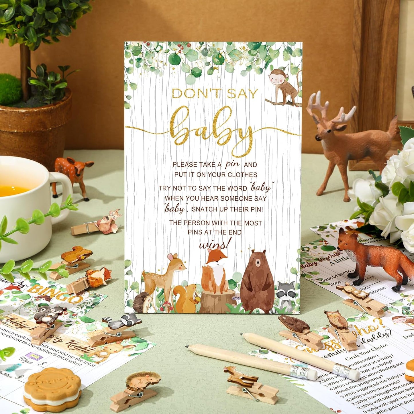 Patelai 321 Pcs Woodland Animal Baby Shower Game Supply for Girl or Boy 5 Set Include 50 Activity Card 20 Pencil 1 Don't Say Baby Sign 50 Clothespin for Price Is Right Prediction Bingo Party Decor