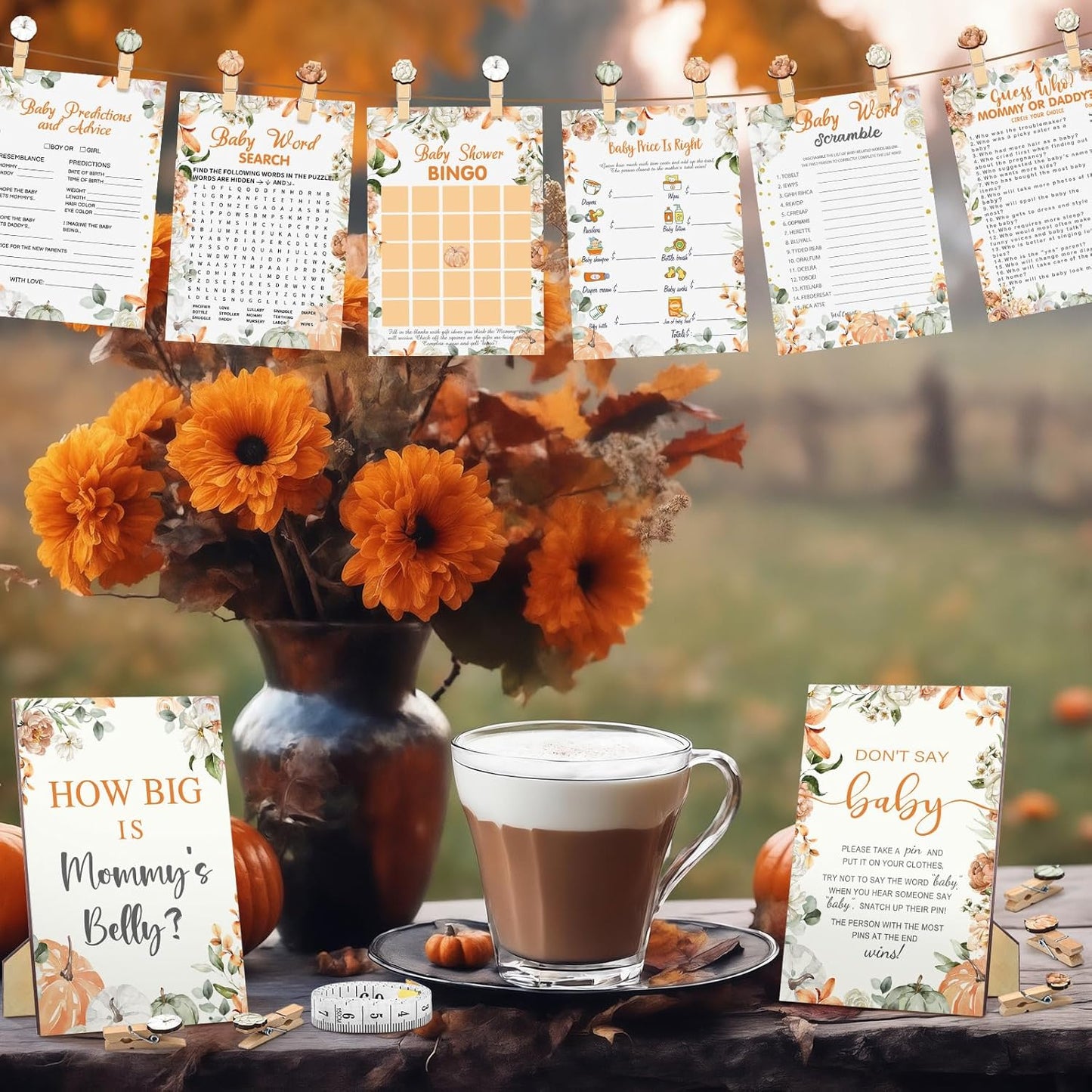 426 Pcs Little Pumpkin Baby Shower Games Set-8 Games, Includes Baby Shower Bingo, Price, Guess Who, Word Scramble, Prediction and Advice, How Big is Mommy's Belly, Don't Say The Words