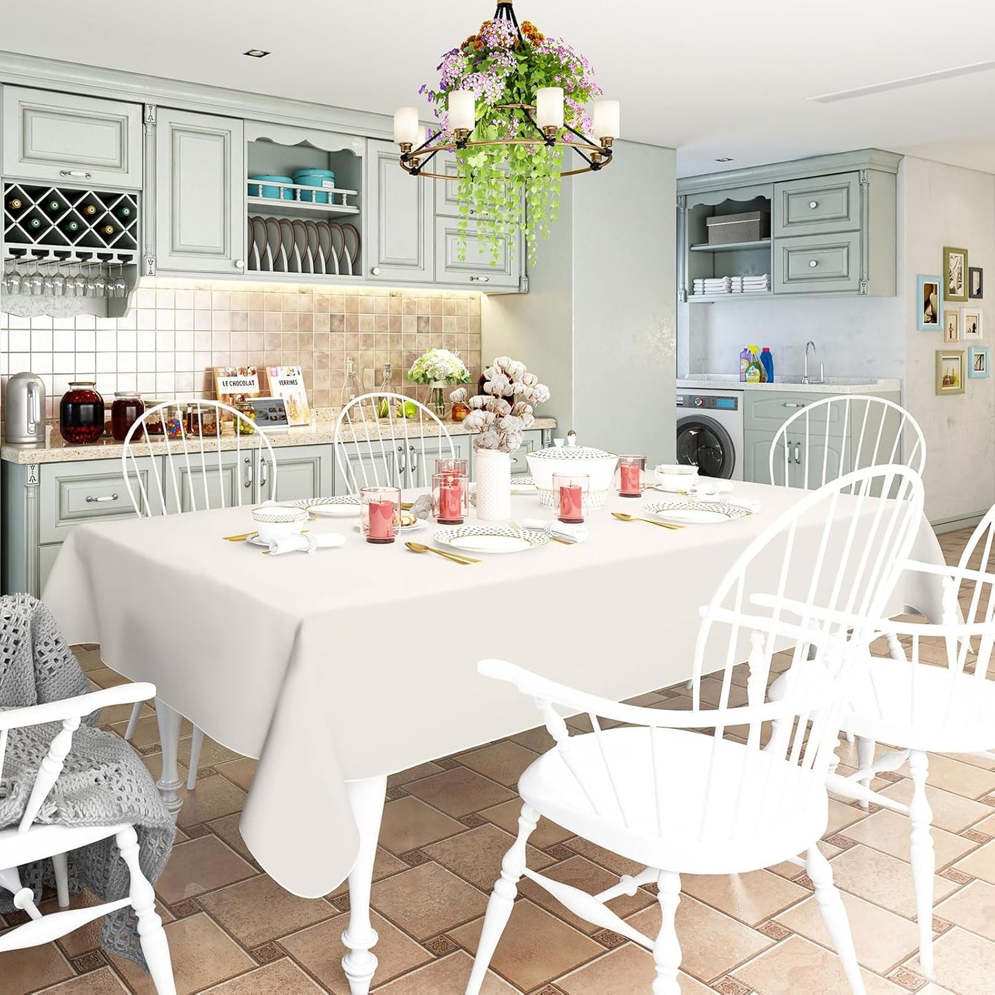 homing Rectangle Vinyl Tablecloth, Waterproof Spillproof Plastic Flannel Backed Table Cloth, Wipe Clean Table Cover for Dining, Buffet Parties and Camping (Beige, 60" x 102")