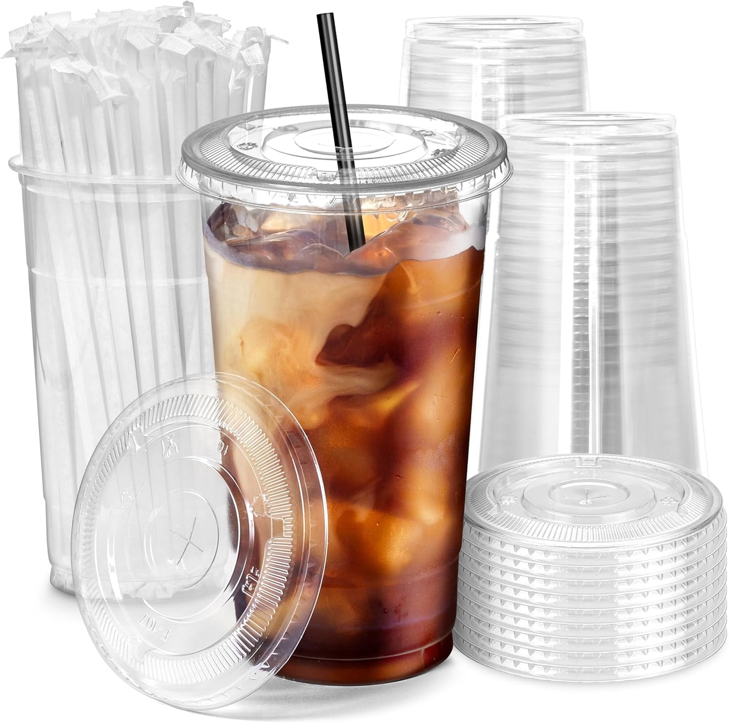 Fit Meal Prep 100 Pack 32 oz Plastic Iced Coffee Cups with Flat Lids and Black Straws, Disposable Clear Cup, BPA Free Cup for Party, Smoothie, Cold Drinks, Juice, Milkshake, Bubble Boba, Tea