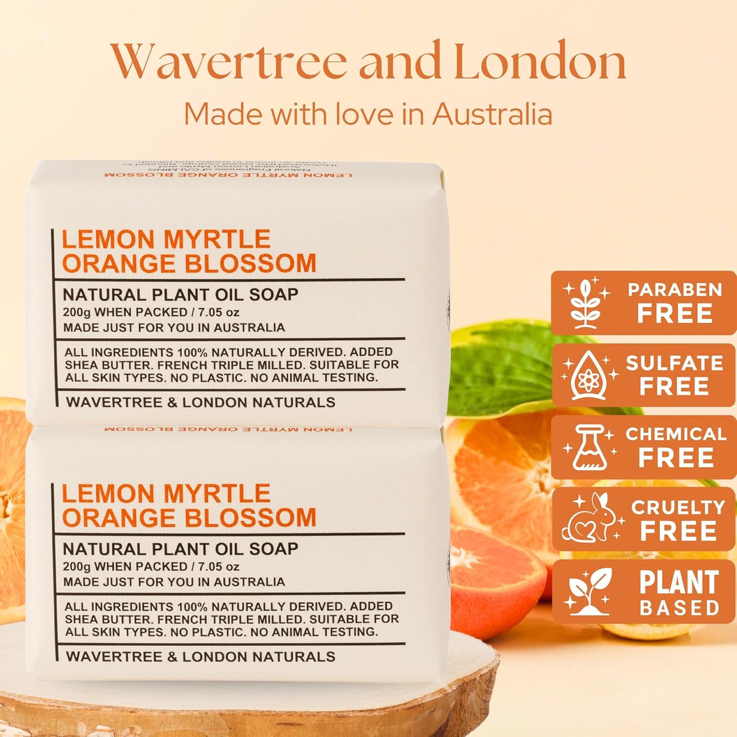 Wavertree & London Lemon Myrtle & Orange Blossom Scented Natural Soap Bars (2 Bars), 7oz Moisturizing French Triple Milled Soap enriched with shea butter - Bath & Body Bars [100% Naturally derived]