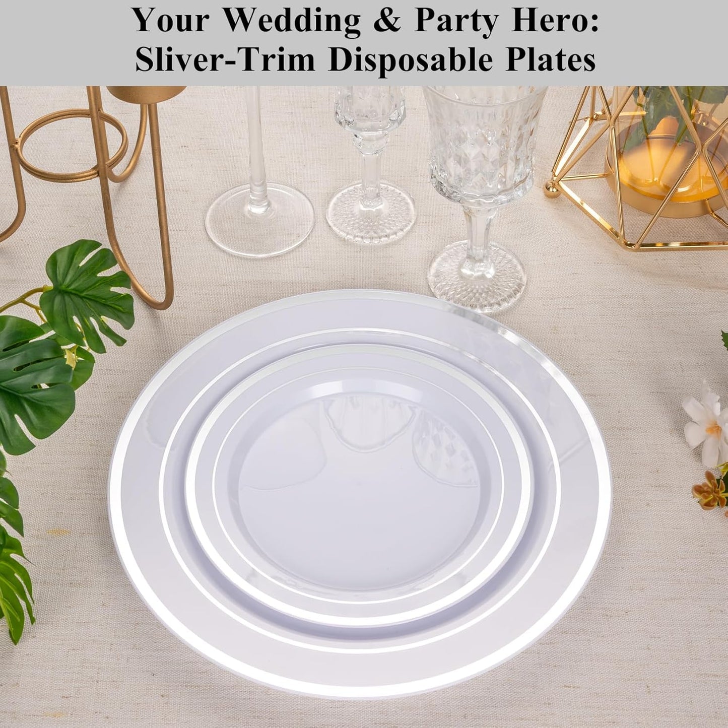 Goodluck 100PCS Silver Plastic Plates, 10.25 Inch Dinner Plate with Silver Rim, Heavy Duty Disposable Plastic Plates for Party, Wedding, Birthday & Daily Use