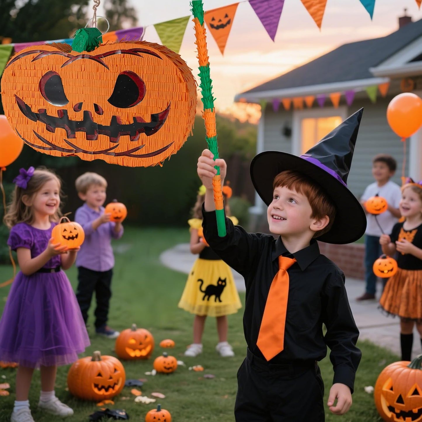 PCFING 21.6 Inch Halloween Pumpkin Piñata with 30 Inch Piñata Stick Blindfold Confetti for Boy Girl Adults Halloween Scary Party，Candy Game，Trick Treat Party，Jack o Lanterns Decorations