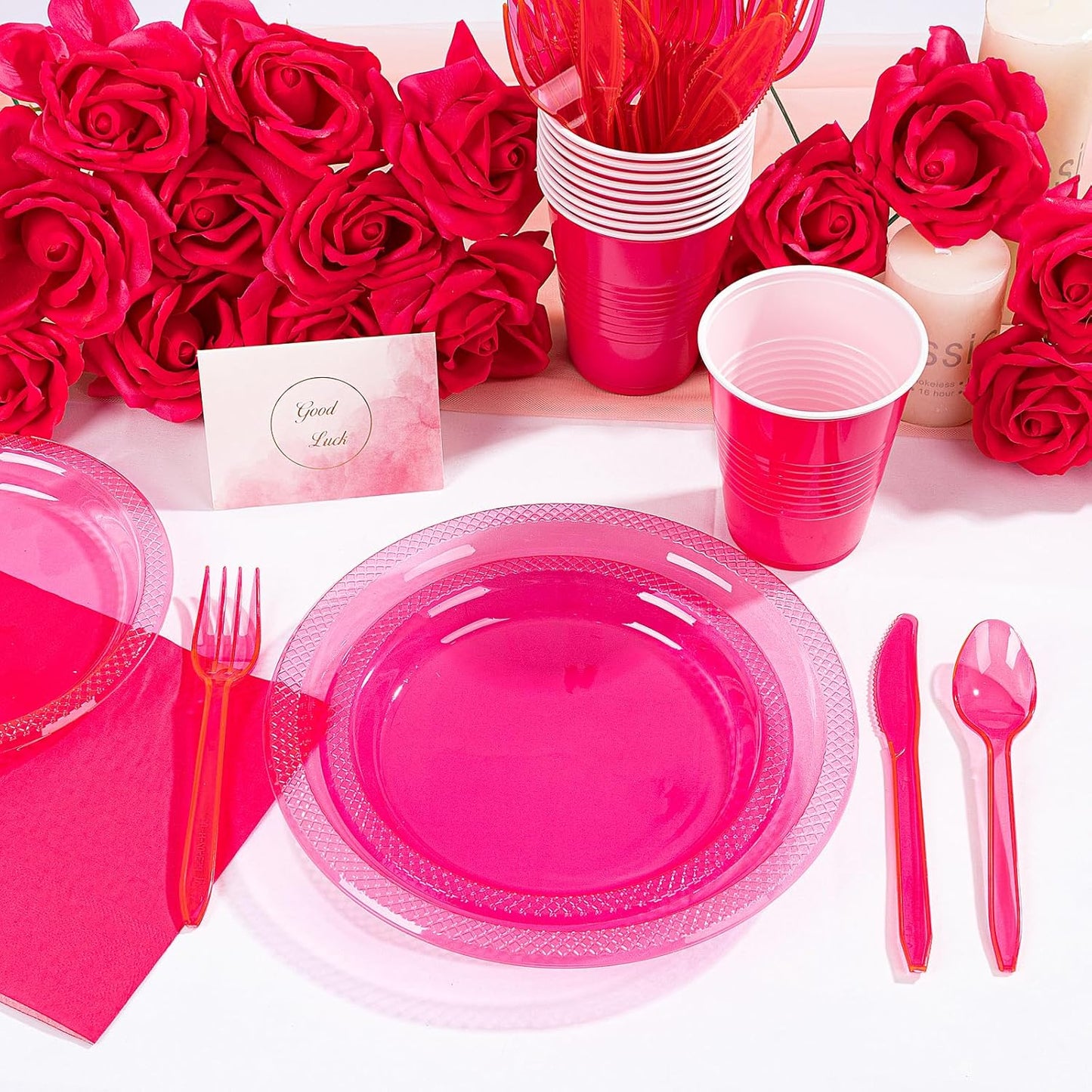 WELLIFE 210Pcs Hot Pink Plates,Clear Hot Pink Plastic Dinnerware Set,Party Supplies Including Clear Plates, 12OZ Cups, Plastic Cutlery and Paper Napkins Serve 30 Guests, Disposable Plates for Party