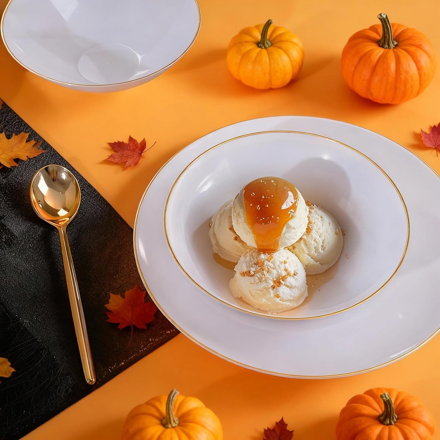 I00000 16 Oz 20 Count White Disposable Soup Bowls with Gold Rim Plastic Bowls Disposable Premium Heavyweight Elegant Plastic Salad Bowl for Thanksgiving, Parties, Weddings