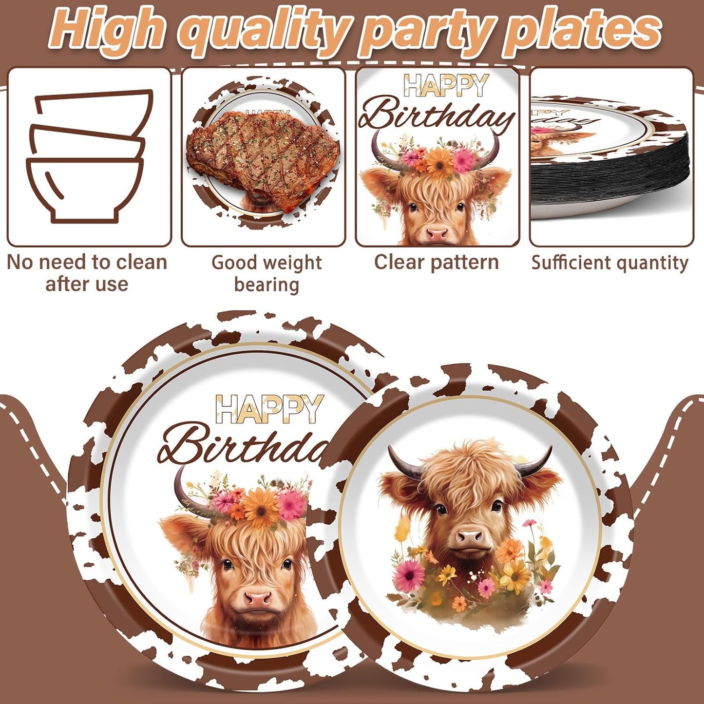 200 Pcs Highland Cow Birthday Tableware Disposable Brown Cow Paper Plates Napkins Party Supplies Highland Cattle Dinnerware Set Western Farm Animals Kids Baby Shower Party Decoration Serve 50 guest