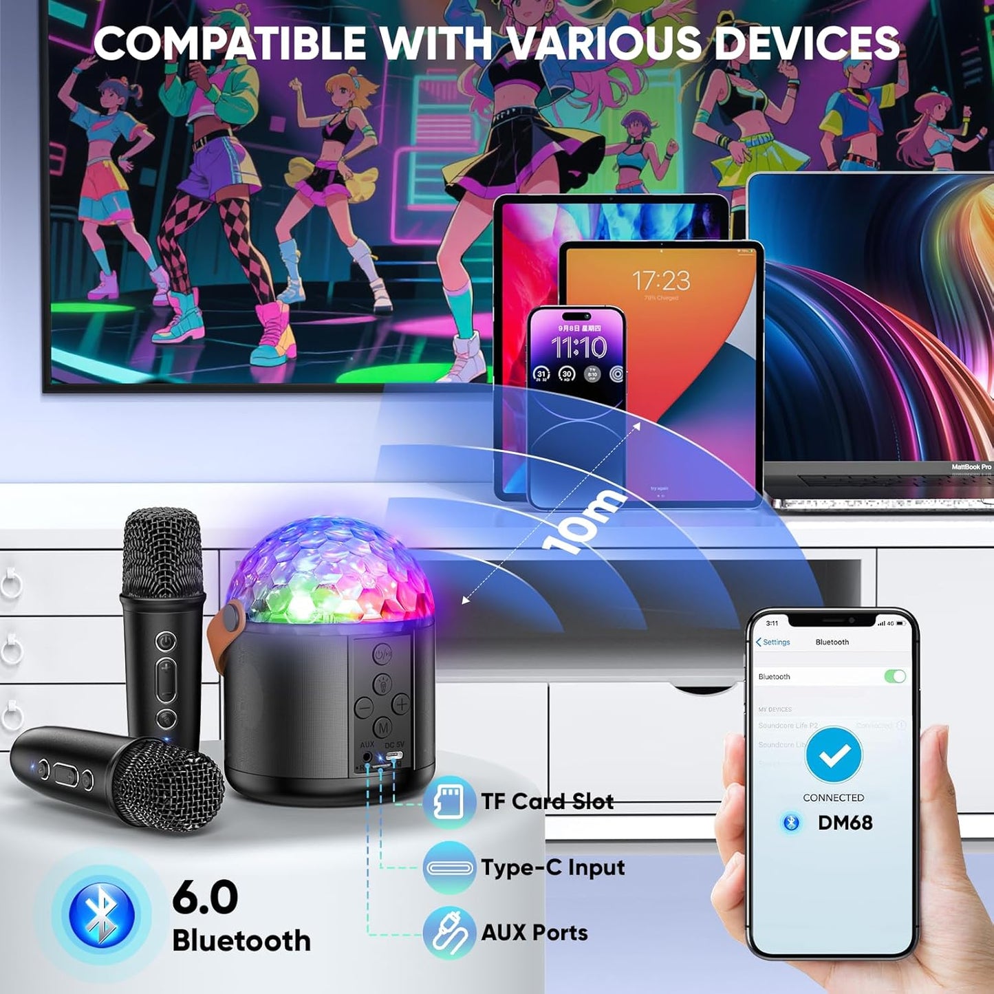 Karaoke Machine with Disco LED Lights for Adults Kids, Portable Bluetooth Speaker with 2 Wireless Microphone Toys Christmas Birthday Gifts for Boys Girls Family Home Party