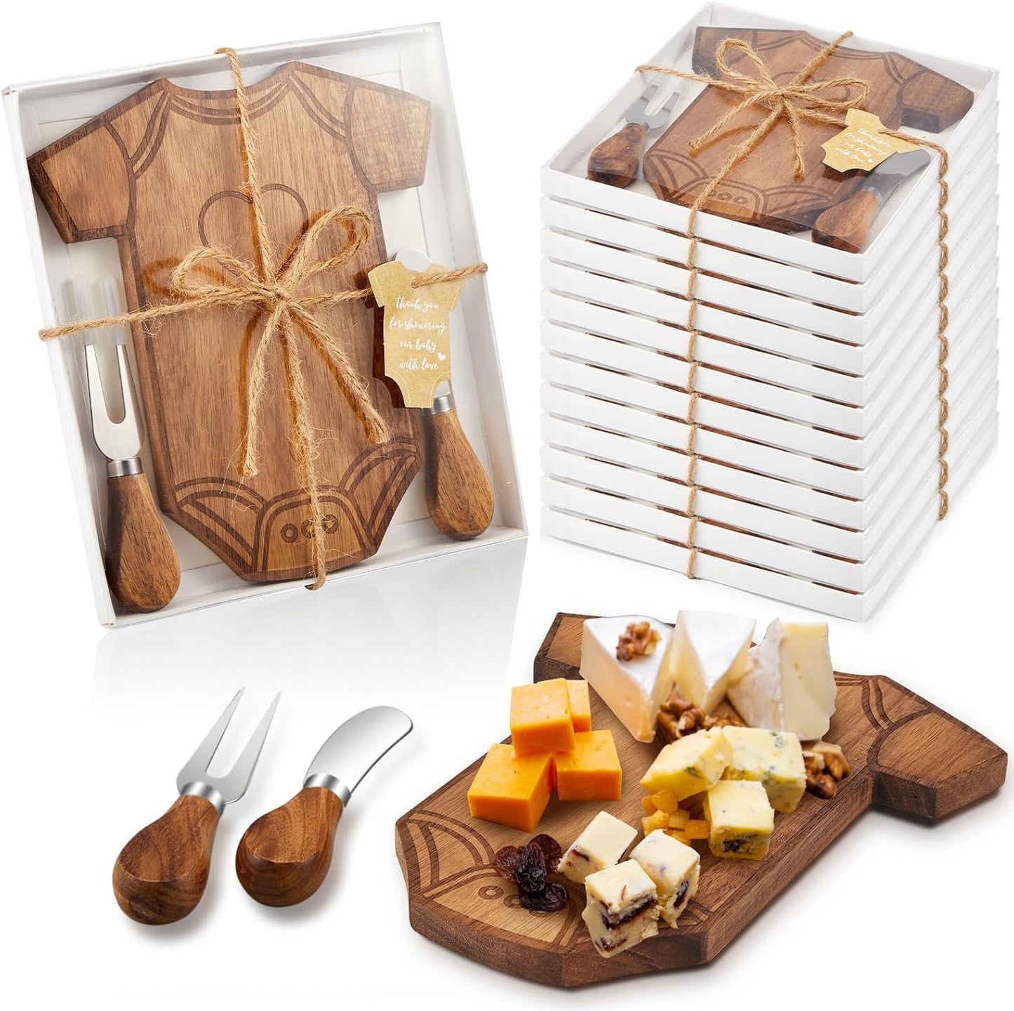 36 Set Baby Shower Gifts for Guests Clothing Shaped Charcuterie Board Set Thank You Tags with Box Mini Cheese Board Party Favors for Gender Reveal Favors Baby Shower Game Prizes (Acacia Color)