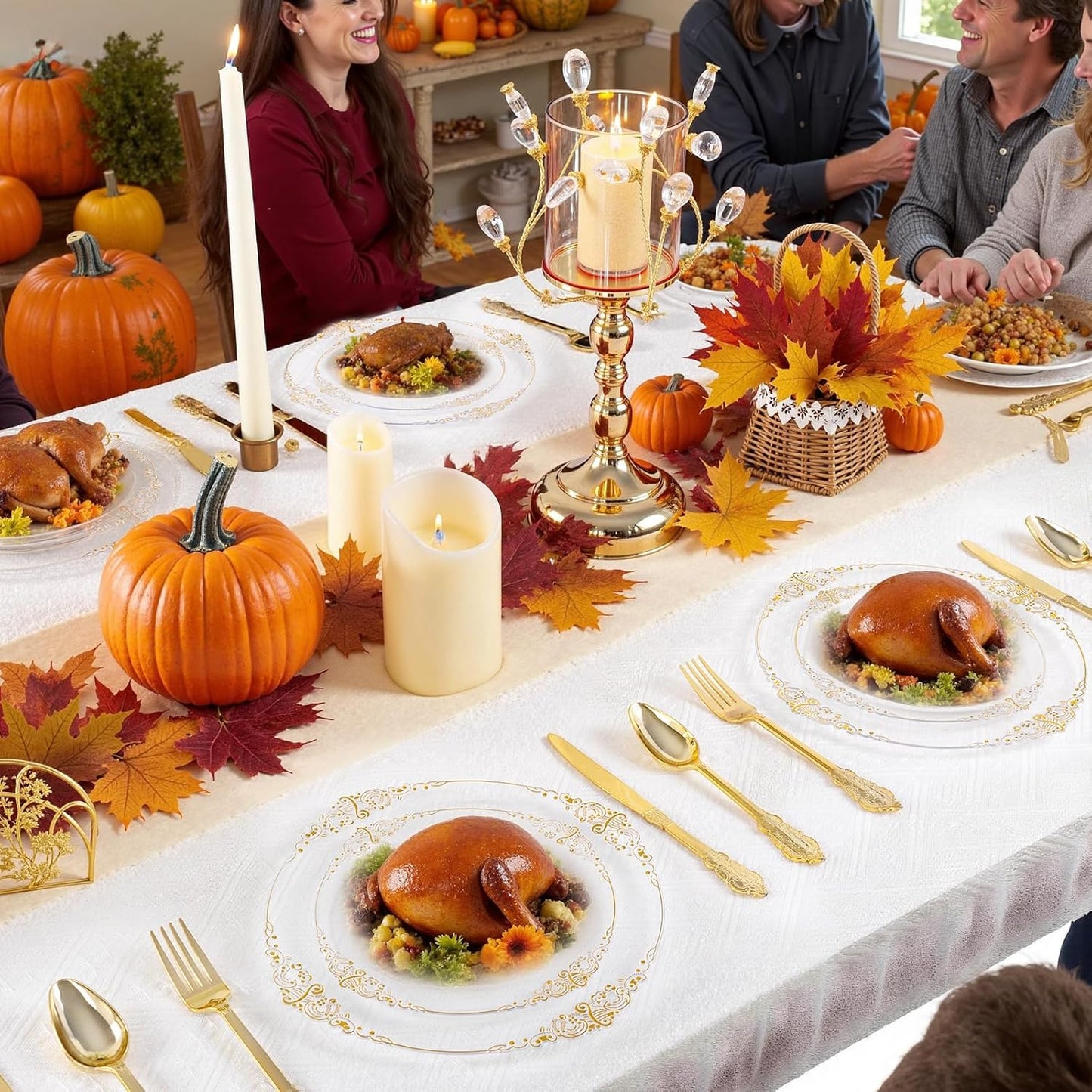 125PCS Clear Gold Plastic Plates - Fancy Clear Disposable Plates - Thanksgiving Plate with Gold Plastic Silverware Set for 25 Guests for Party & Wedding & Holiday