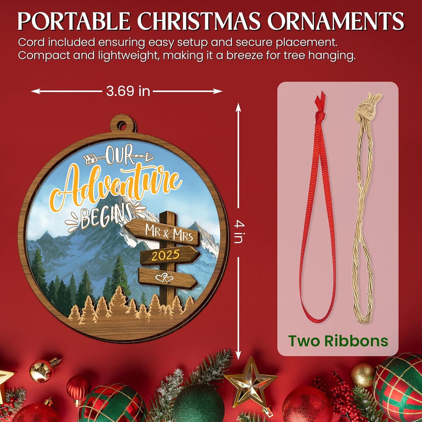 Christmas Wedding Gifts for Couples 2025 - Adventure Start Two Layer Wooden Christmas Ornaments for Tree Decorations - Bridal Shower Marriage Newly Wed Engagement Gifts for Couples Decorations