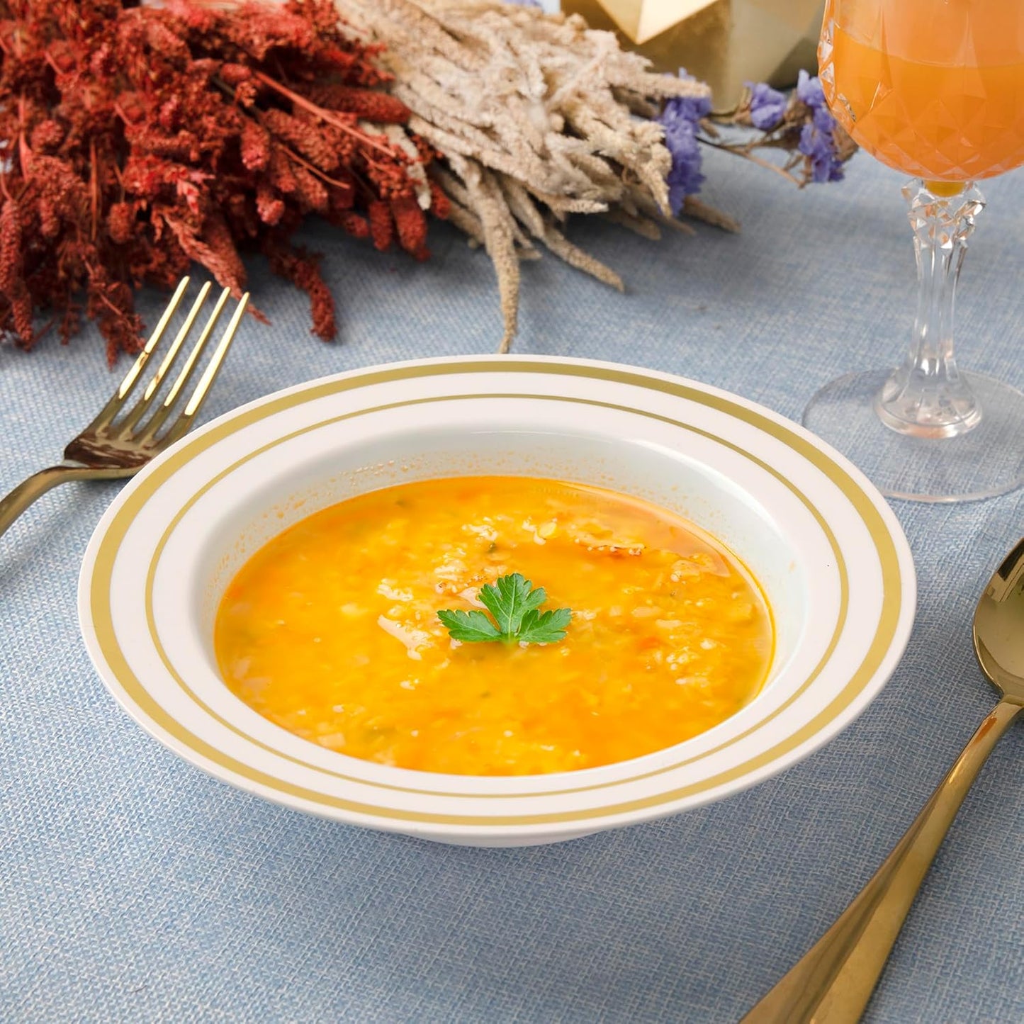 SETUP [Case of 400 12 oz. Dessert Soup Bowls with Gold Rim, Plastic Bowls Disposable - Premium Heavy-Duty Disposable Soup Bowls for Party, Wedding, and All Occasions