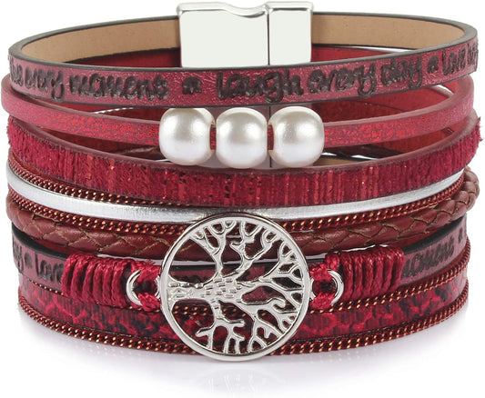 FANCY SHINY Tree of Life Leather Wrap Bracelet Inspirational Cuff Bangles Boho Pearl Bracelets with Magnetic Clasp Unique Jewelry Gifts for Women