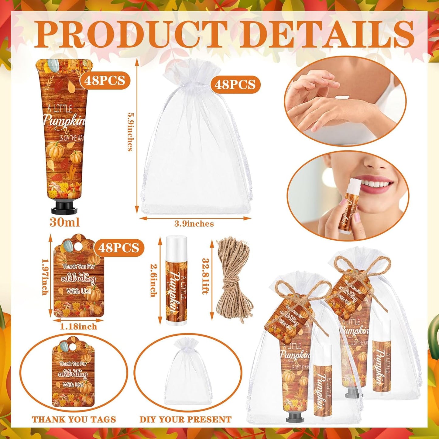 48 Sets 192 Pcs Fall Thanksgiving Baby Shower Gifts Bulk Thanksgiving Little Pumpkin Hand Cream and Lip Balm Baby Shower Party Favors Travel Size for Guests Wedding Party Supplies