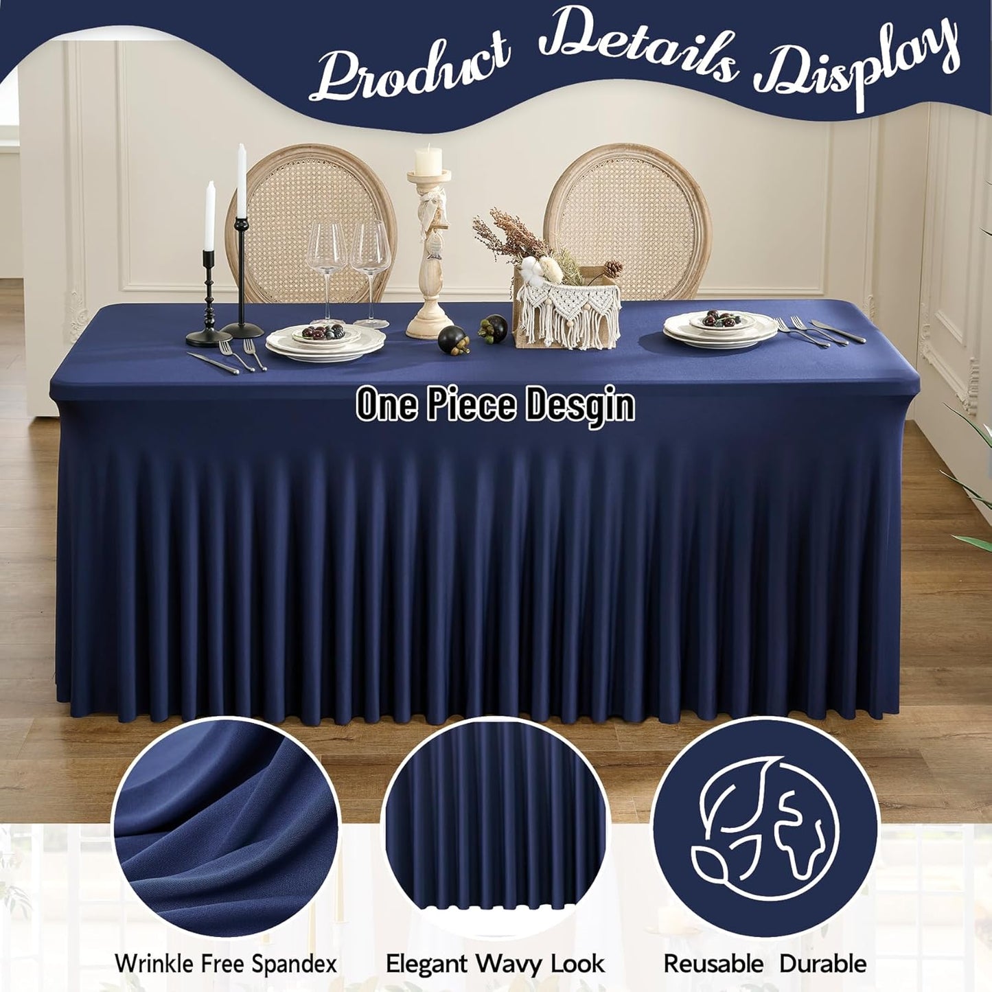leegleri 2 Pack Navy Blue Spandex Tablecloths for 8 Foot Rectangle Tables, Wrinkle Free Fitted Table Cloths 8ft Stretchy Table Cloth Cover with Skirt for Parties Weddings Birthday Banquet Baby Shower