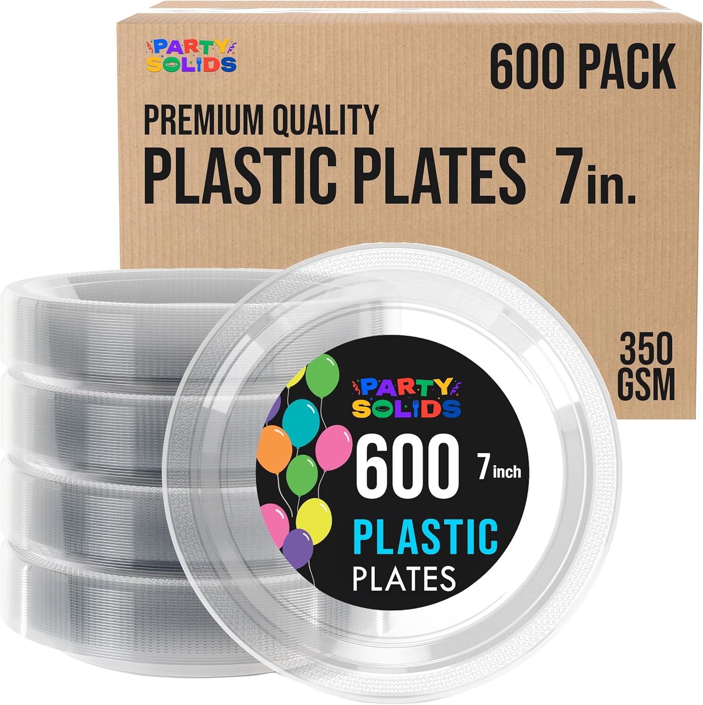 Party Solids Clear Plastic Plates Bulk 7" Clear Disposable Plates For Party Supplies 600 Pieces Disposable Dinner Plate Heavy Duty 350 GSM Plate Sets, Plastic Dinnerware Sets