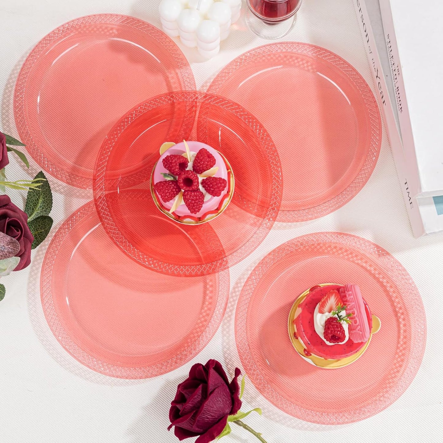 WELLIFE Neon Red Party Plates 7 Inch -150 Count, Translucent Red Plastic Disposable Dessert Neon Plates for Fluorescent Neon Theme Party Cake Salad Appetizers Easter Mother's Day