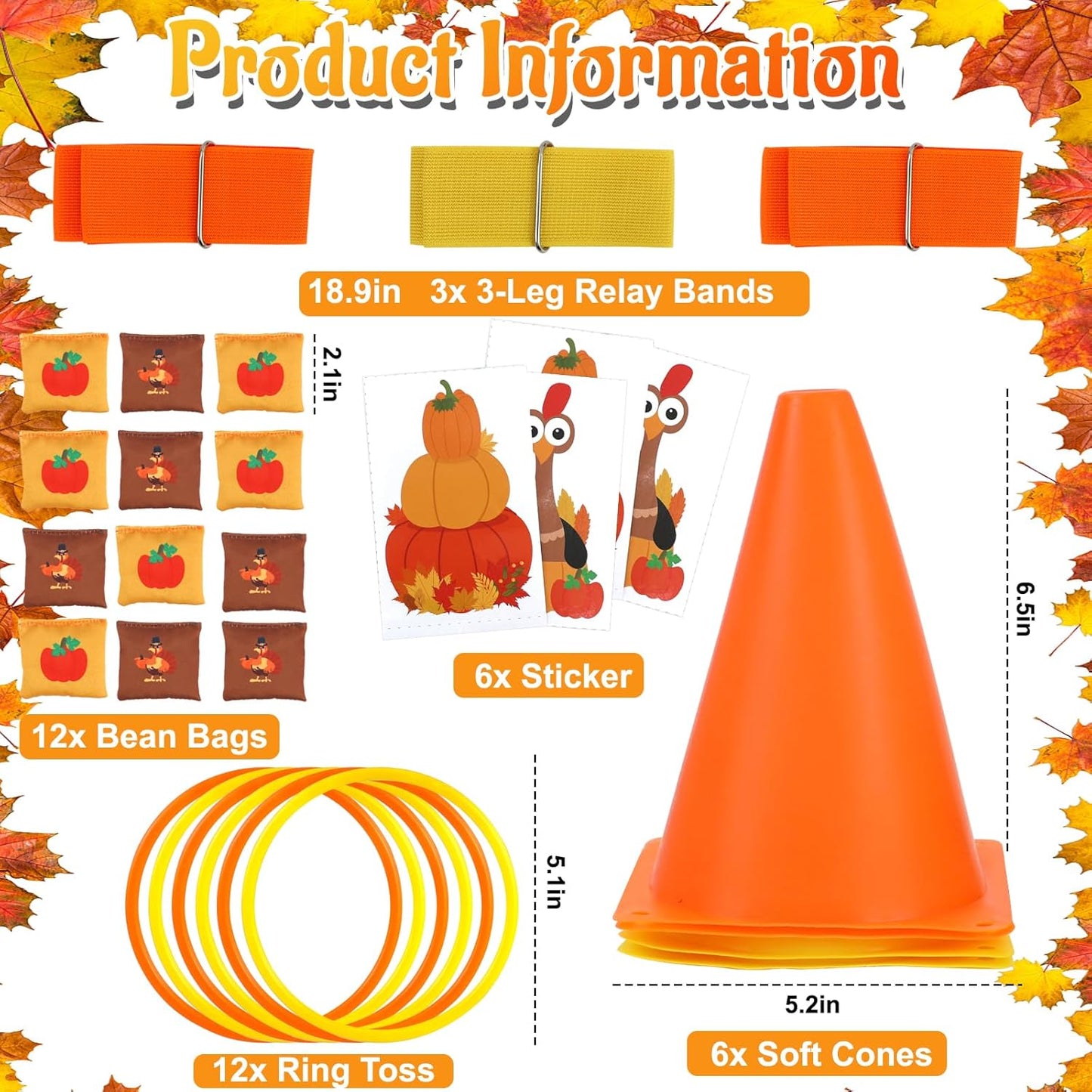 4 in 1 Fall Festival Thanksgiving Party Games with Ring Toss, Plastic Cones, Bean Bags, 3-Legged Race Bands, Thanksgiving Games for Family Boy Girl Adult Carnival Friendsgiving Outdoor Yard Activities