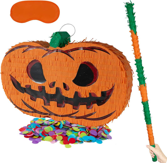 PCFING 21.6 Inch Halloween Pumpkin Piñata with 30 Inch Piñata Stick Blindfold Confetti for Boy Girl Adults Halloween Scary Party，Candy Game，Trick Treat Party，Jack o Lanterns Decorations