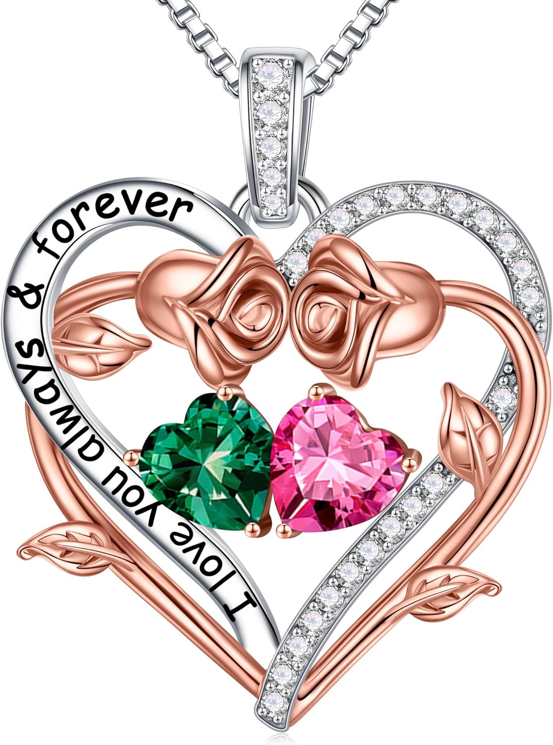 Iefil Rose Heart Double Birthstone Necklace Gifts for Wife Her Mom Women, Birthstone Jewelry Gemstone Birthday Gifts for Girlfriend Grandma Her Wife Women