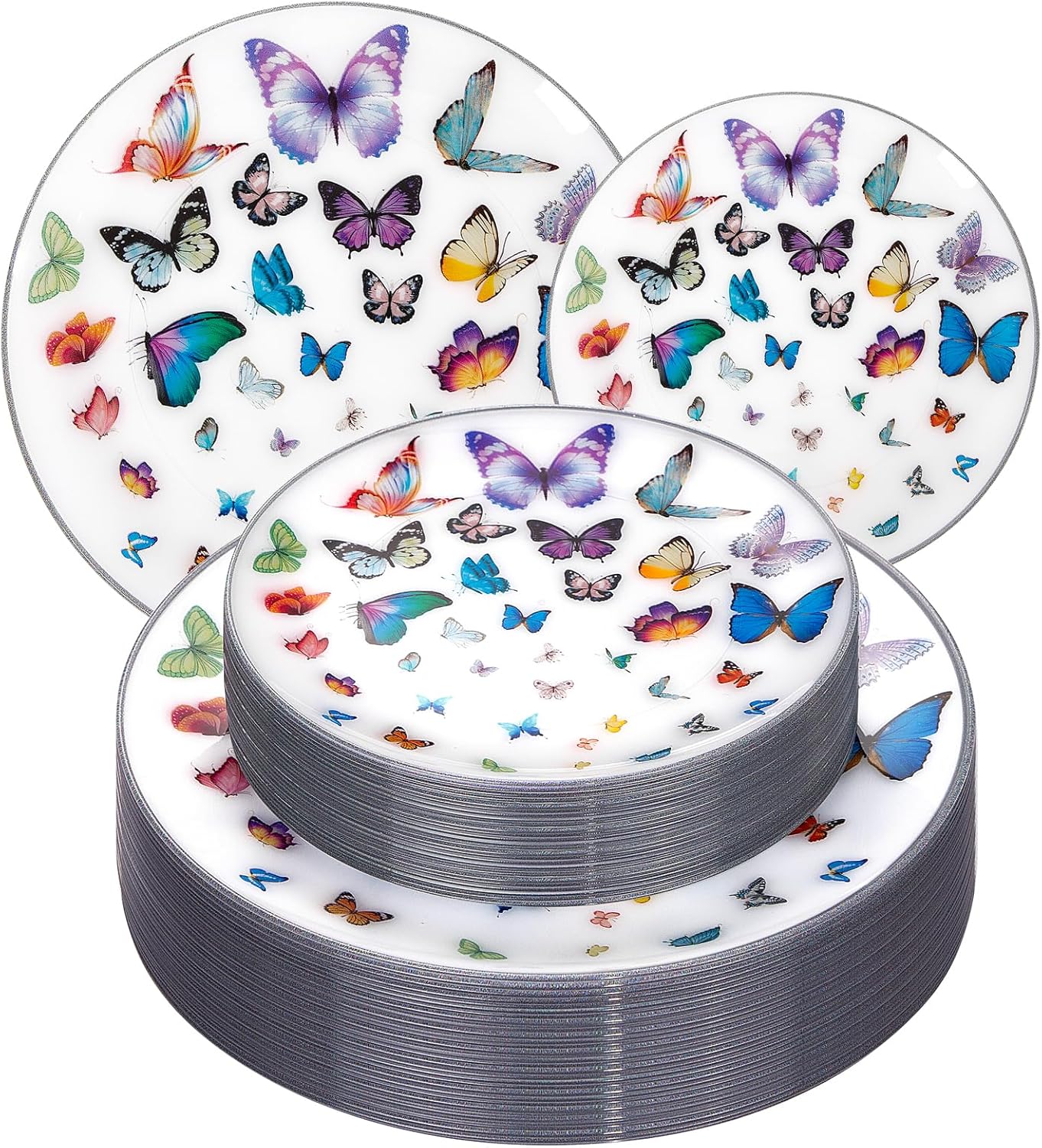 LIYH 60 Pcs Butterfly Plates Disposable Heavy Duty Fancy White Plastic Plates for Party Plate for Garden Party Birthday Wedding Butterfly Decor Include 30 10.25" Dinner & 30 7.5" Dessert Plate