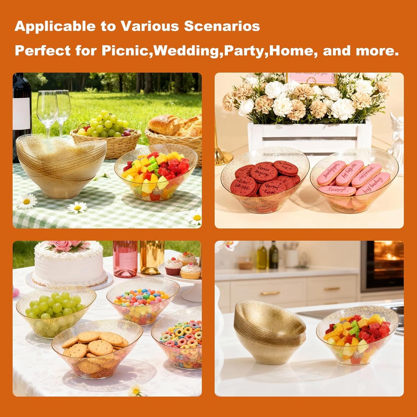 Goodluck 12 Pack Gold Glitter Plastic Serving Bowls for Party - 20 OZ Angled Disposable Serving Bowls for Wedding Party Chip, Candy, Salad & Fruit