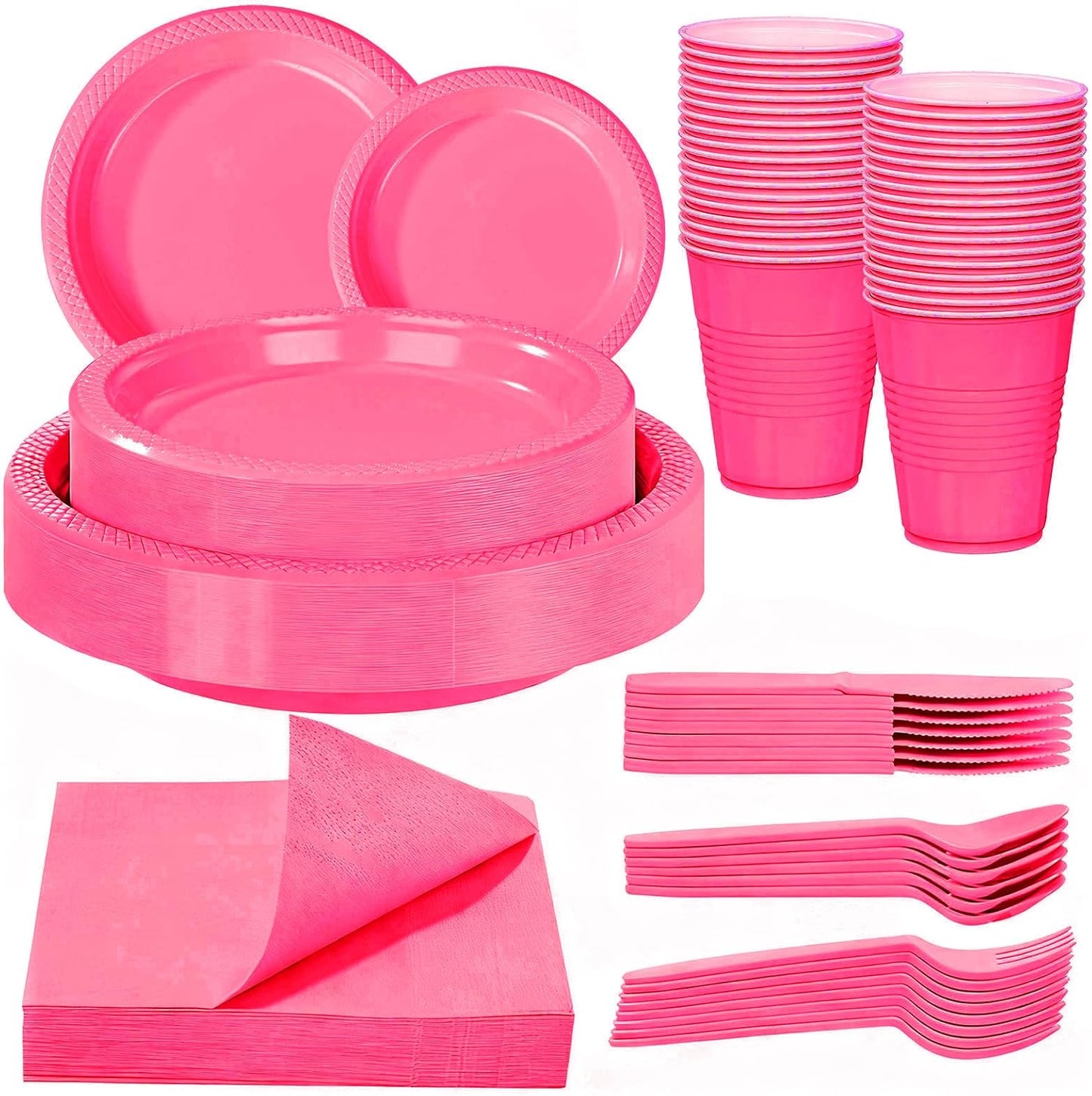 WELLIFE 210Pcs Hot Pink Plastic Plates, Disposable Dinnerware Set, Party Supplies Including Hot Pink plates, 12oz Cups, plastic Cutlery and Napkins Serve 30 Guests, Plastic Plates for Party