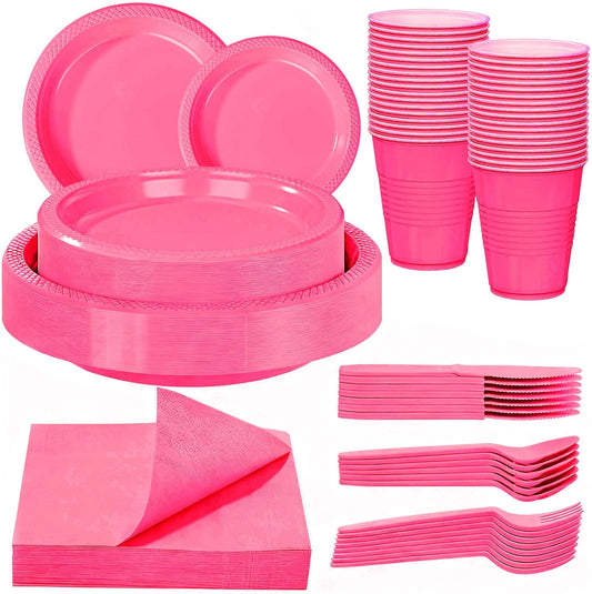 WELLIFE 210Pcs Hot Pink Plastic Plates, Disposable Dinnerware Set, Party Supplies Including Hot Pink plates, 12oz Cups, plastic Cutlery and Napkins Serve 30 Guests, Plastic Plates for Party