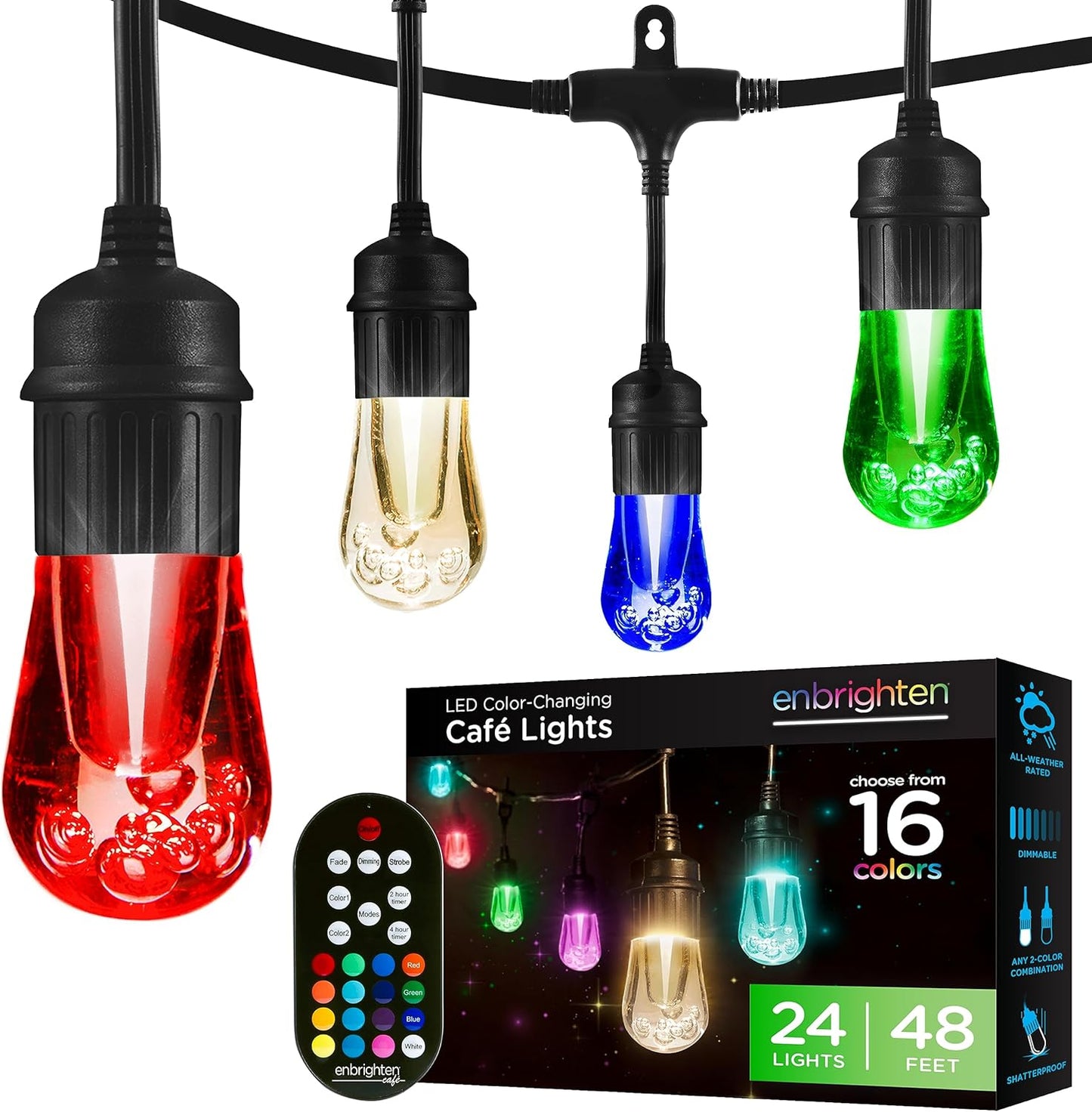 Enbrighten Vintage Outdoor String Lights, 48ft, 24 RGB Acrylic Bulbs, Weatherproof, RF Remote Control, Perfect for Holidays, Gameday, Parties, and More, 37790