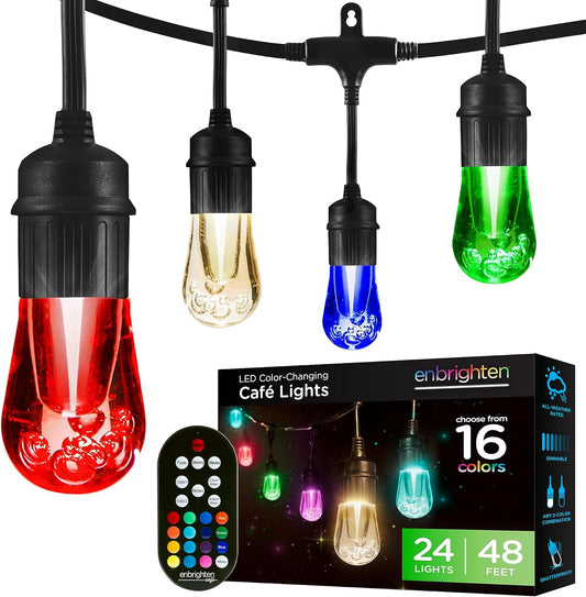 Enbrighten Vintage Outdoor String Lights, 48ft, 24 RGB Acrylic Bulbs, Weatherproof, RF Remote Control, Perfect for Holidays, Gameday, Parties, and More, 37790