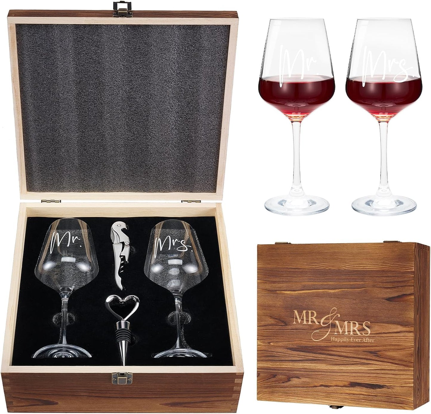 AW BRIDAL Mr and Mrs Wine Glasses Wedding Gifts for Couples 2025, Engagement Gift for Newlyweds, Bridal Shower and Bachelorette Gifts for Bride, Wine Opener Stopper and Engraved Wooden Keepsake Box