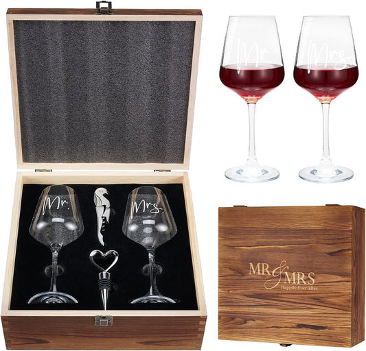 AW BRIDAL Mr and Mrs Wine Glasses Wedding Gifts for Couples 2025, Engagement Gift for Newlyweds, Bridal Shower and Bachelorette Gifts for Bride, Wine Opener Stopper and Engraved Wooden Keepsake Box
